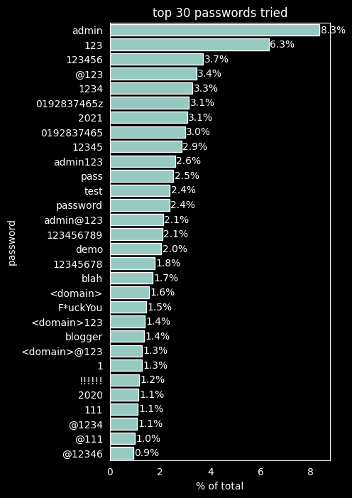 Top 30 passwords tried for login